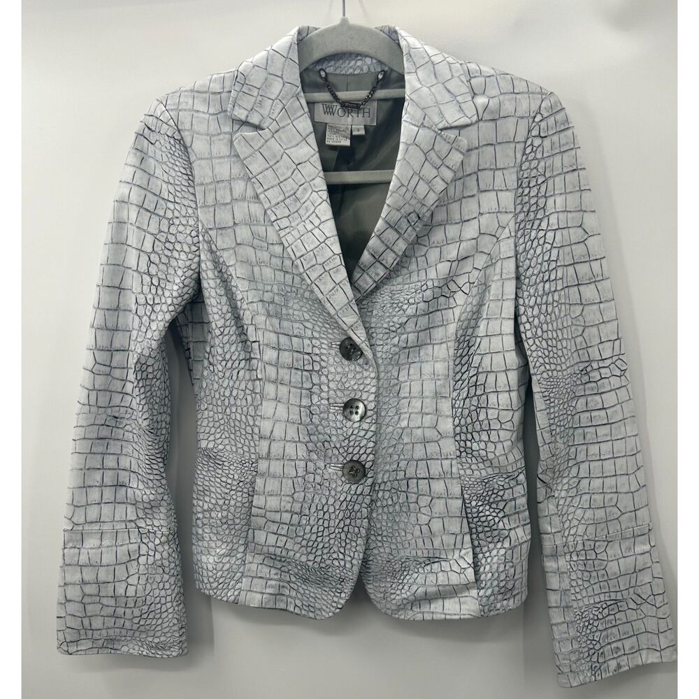 Worth New York Vintage Gray Leather Blazer Jacket Women’s 2 Crocodile Embossed
